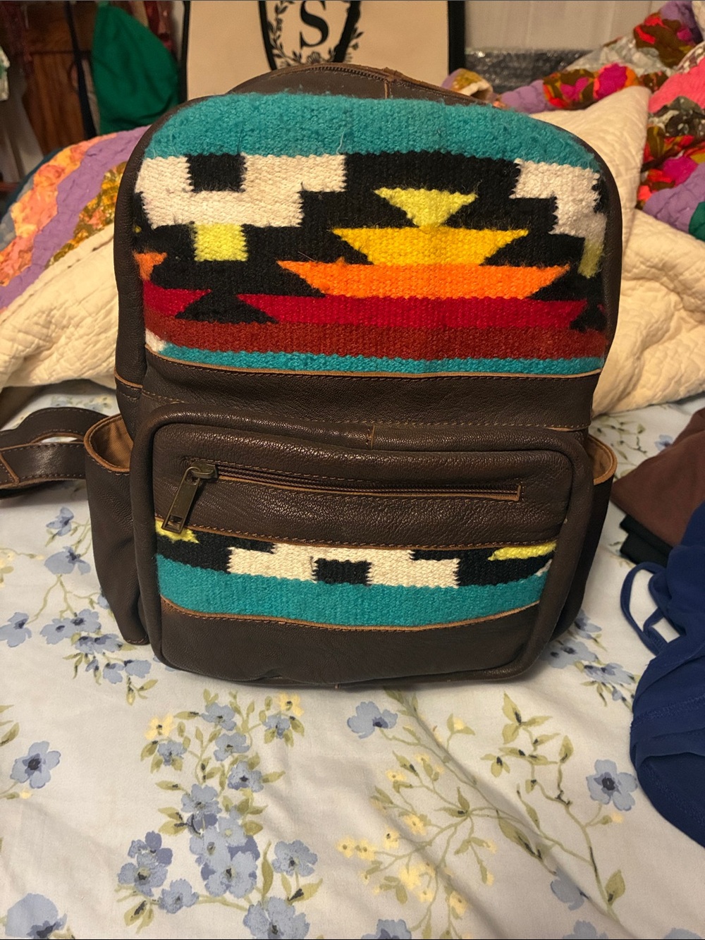 Southwest Pattern Brown Leather Backpack with Turquoise Accents